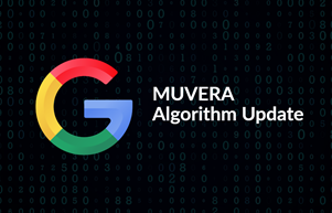 Google logo with the text 'MUVERA Algorithm Update' over a digital background - representing googles new MUVERA Algorithm aimed at improving search result accuracy
